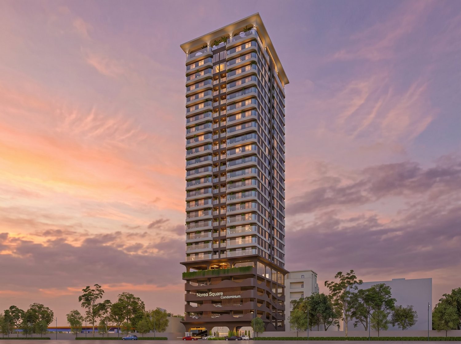 Norea Square Condominium illuminated at dusk in Norea City, Phnom Penh