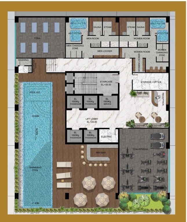 Norea Square clubhouse plan — pool, gym, steam and sauna
