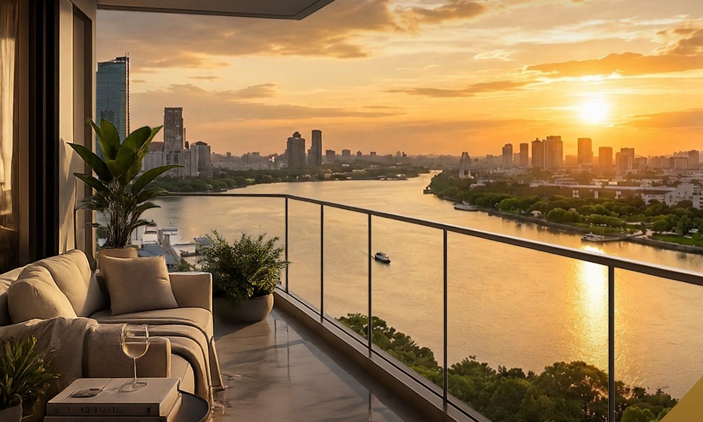 Balcony with sunset view over the Mekong River and Phnom Penh skyline at Norea Square
