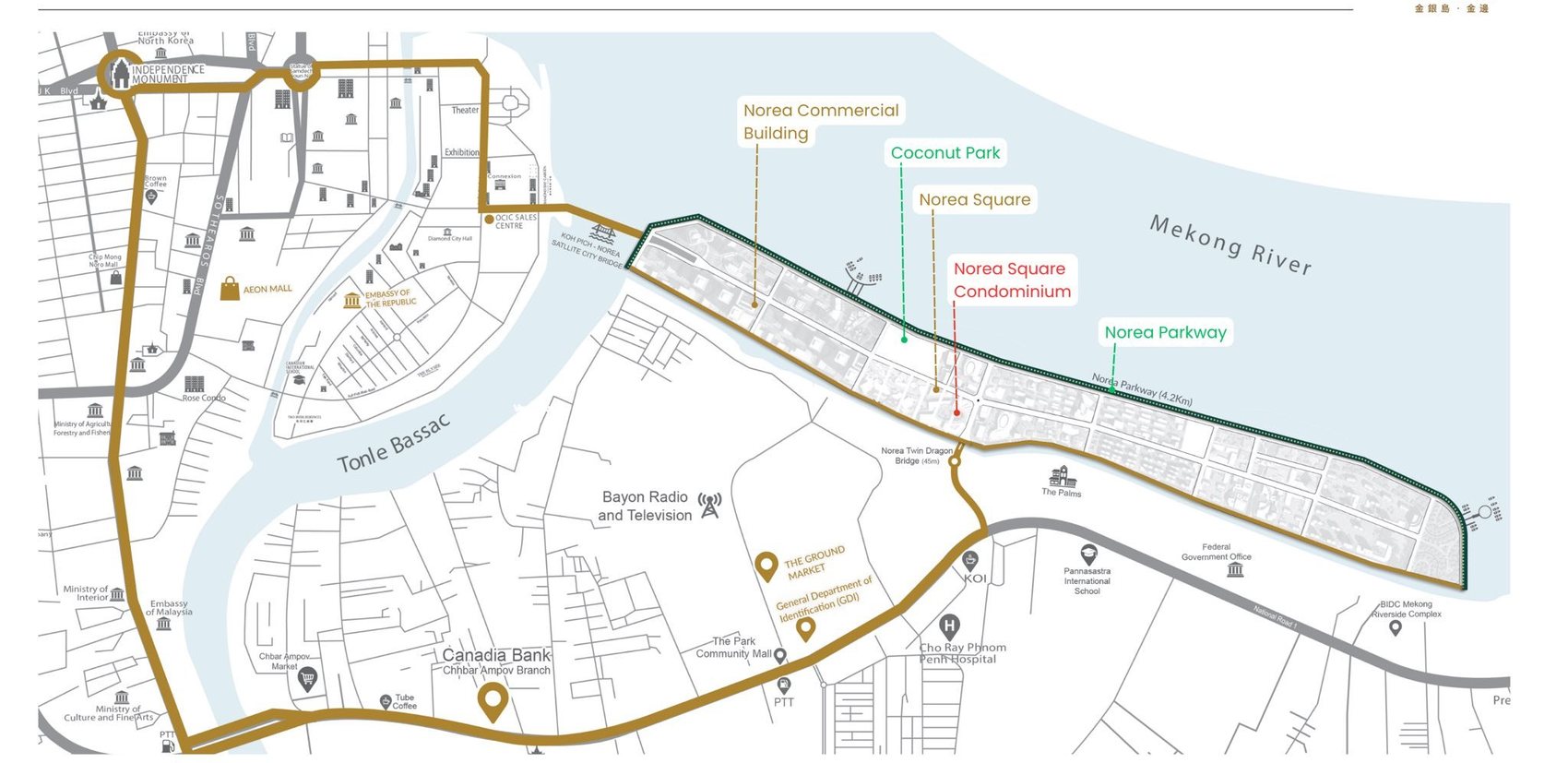 Norea Square Condominium location map within Norea City on the Mekong River, Phnom Penh